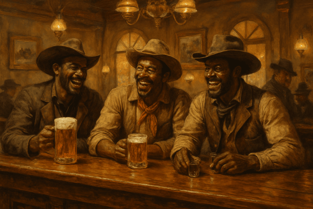Black cowboys sitting at a bar in a saloon having a good fro