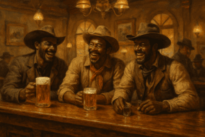 Black cowboys sitting at a bar in a saloon having a good fro