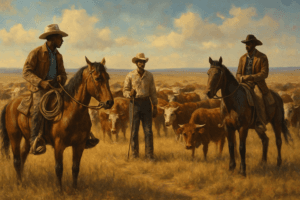 Black cowboys tending to cattle on the plains in America